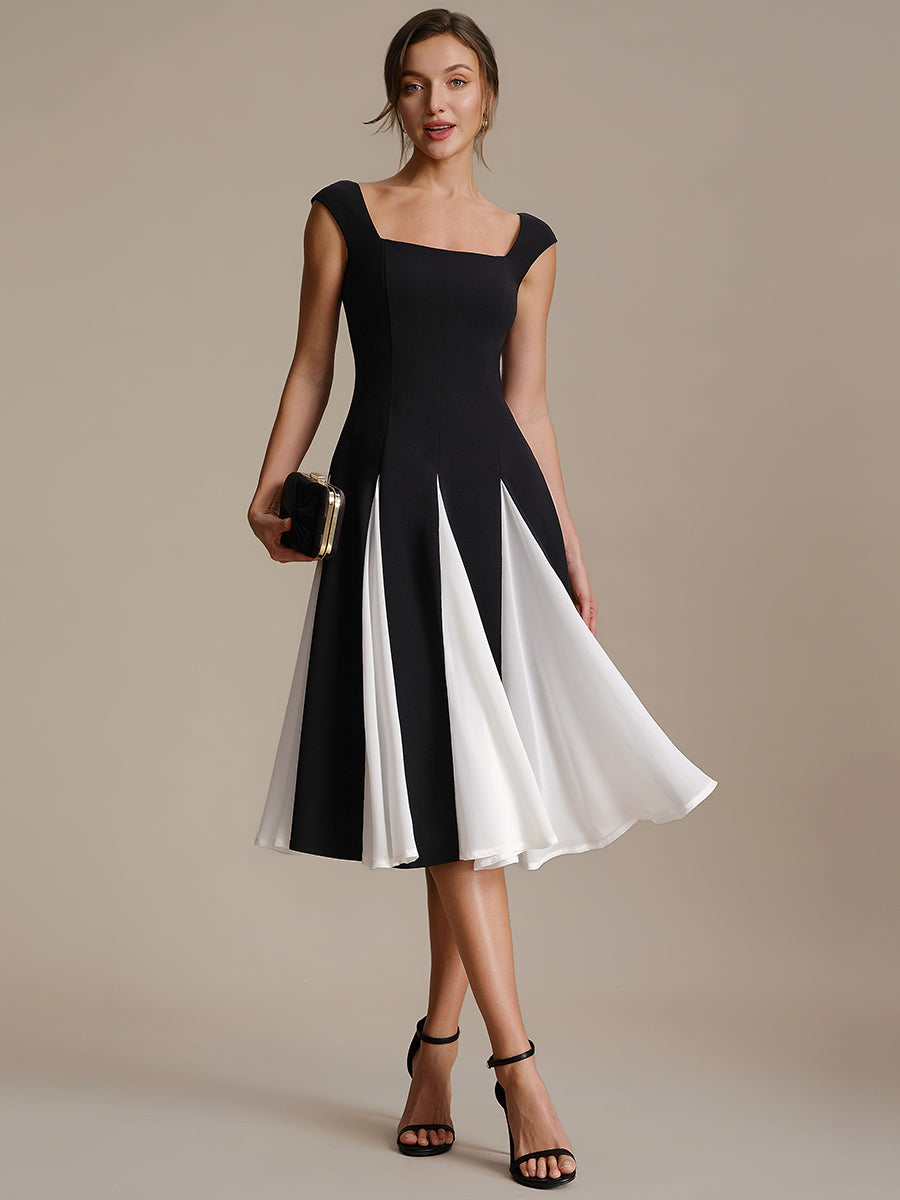 Robe midi de bal sans manches à encolure carrée extensible et patchwork #Couleur_Noir d'ivoire