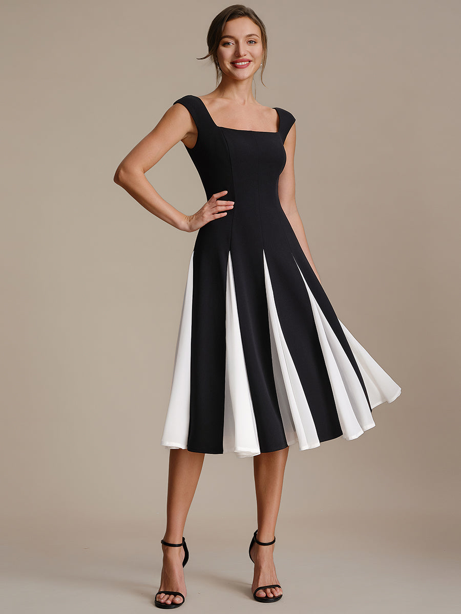 Robe midi de bal sans manches à encolure carrée extensible et patchwork #Couleur_Noir d'ivoire