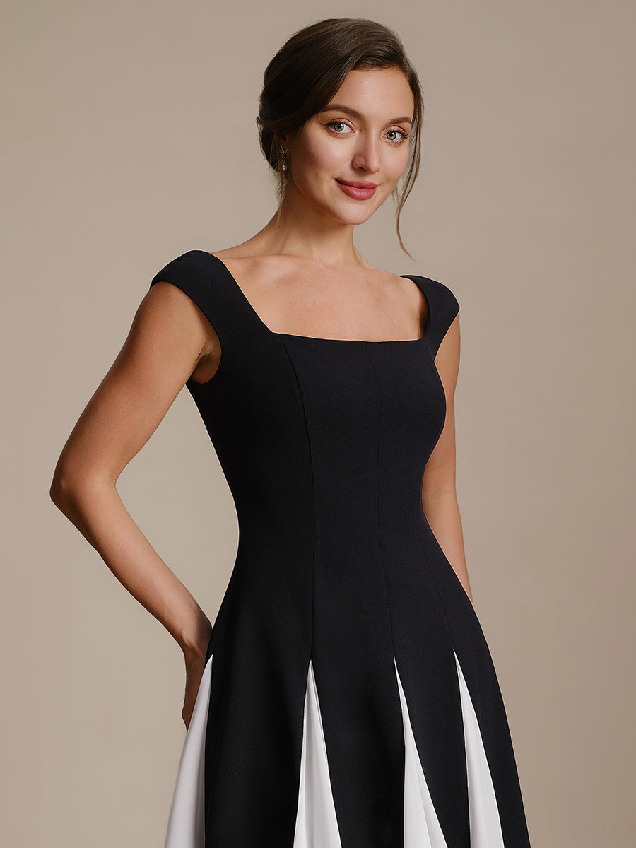 Robe midi de bal sans manches à encolure carrée extensible et patchwork #Couleur_Noir d'ivoire