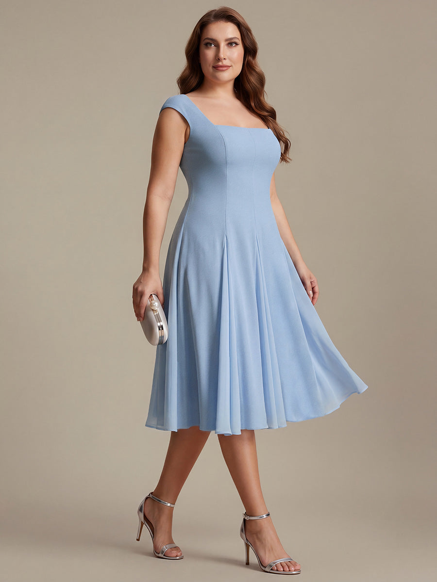 Robe midi de bal sans manches à encolure carrée extensible et patchwork #Couleur_Bleu Glace