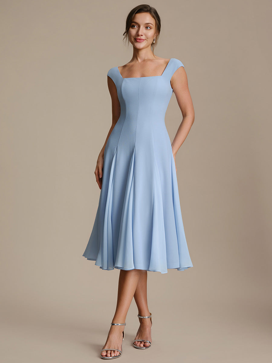 Robe midi de bal sans manches à encolure carrée extensible et patchwork #Couleur_Bleu Glace