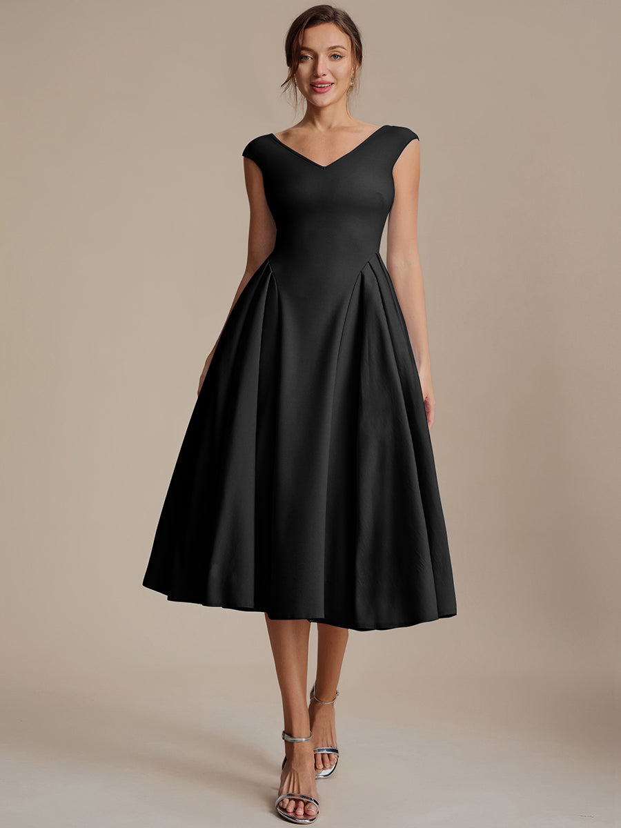 Robe midi sans manches à encolure en V extensible #Couleur_Noir