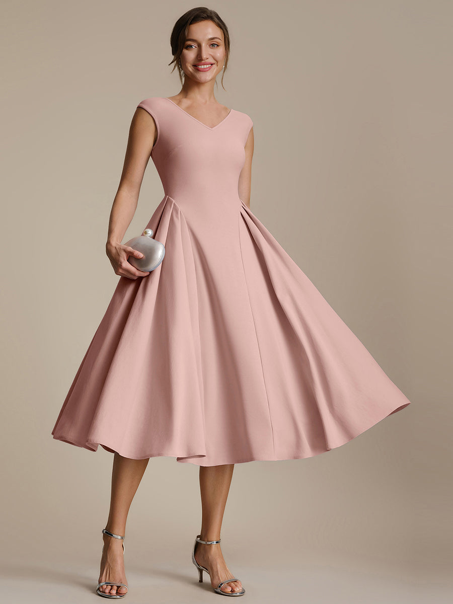 Robe midi sans manches à encolure en V extensible #Couleur_Rose fumee