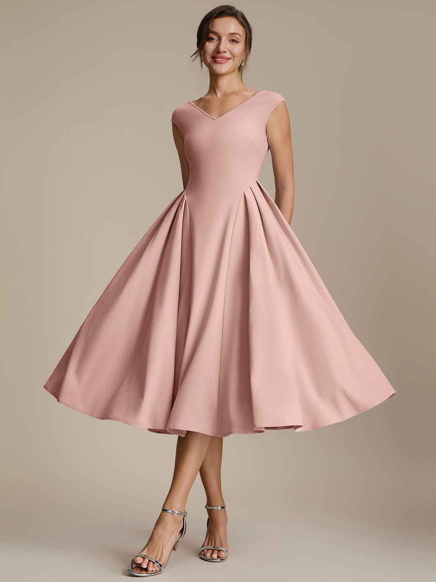 Robe midi sans manches à encolure en V extensible #Couleur_Rose fumee