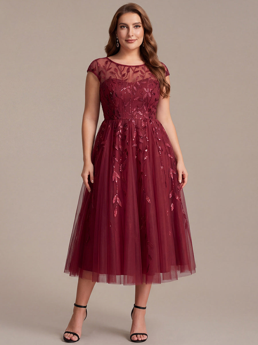 Robe midi évasée à manches courtes en patchwork transparent #Couleur_Bordeaux