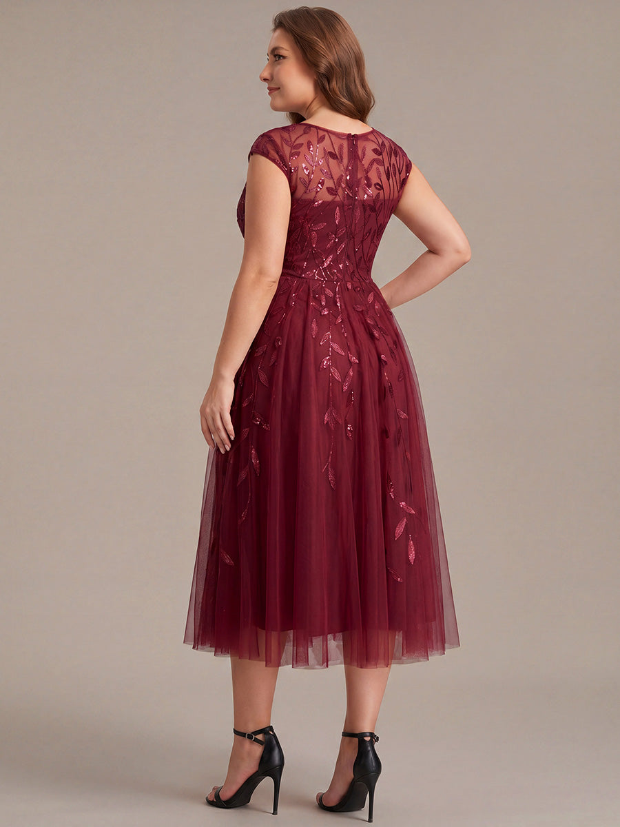 Robe midi évasée à manches courtes en patchwork transparent #Couleur_Bordeaux