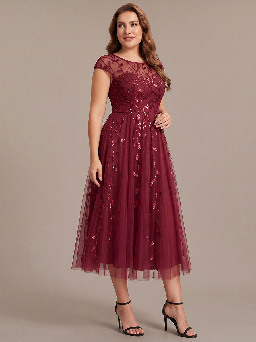 Robe midi évasée à manches courtes en patchwork transparent #Couleur_Bordeaux