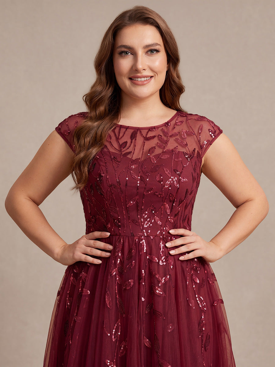 Robe midi évasée à manches courtes en patchwork transparent #Couleur_Bordeaux