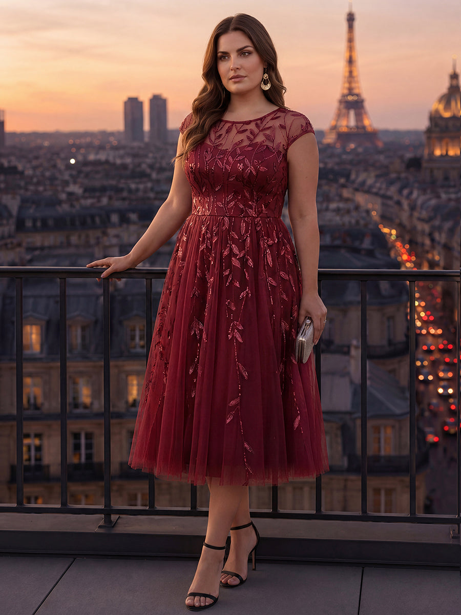 Robe midi évasée à manches courtes en patchwork transparent #Couleur_Bordeaux