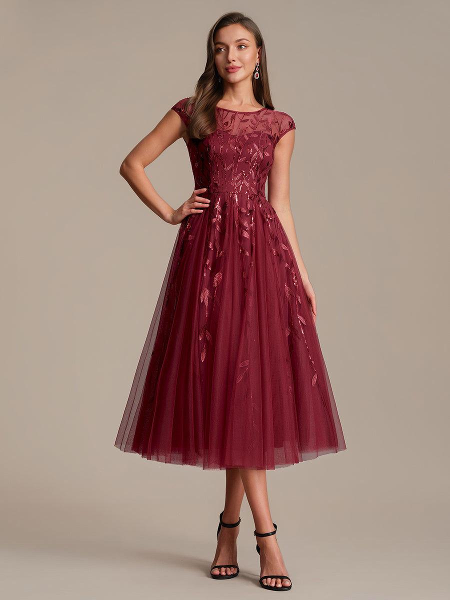 Robe midi évasée à manches courtes en patchwork transparent #Couleur_Bordeaux