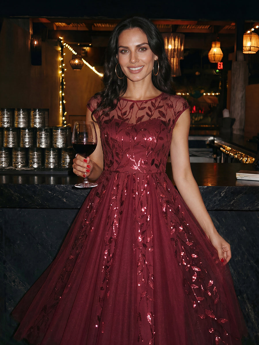 Robe midi évasée à manches courtes en patchwork transparent #Couleur_Bordeaux