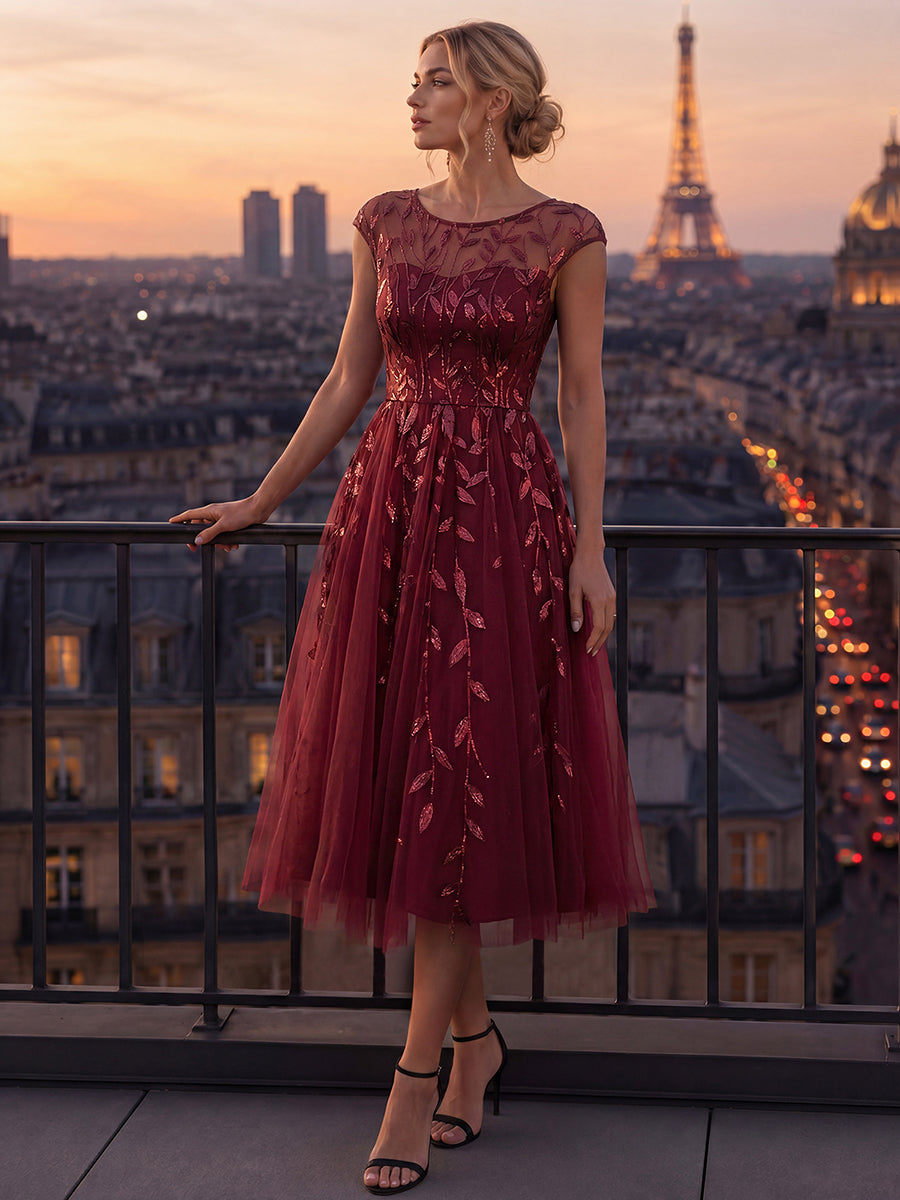 Robe midi évasée à manches courtes en patchwork transparent #Couleur_Bordeaux