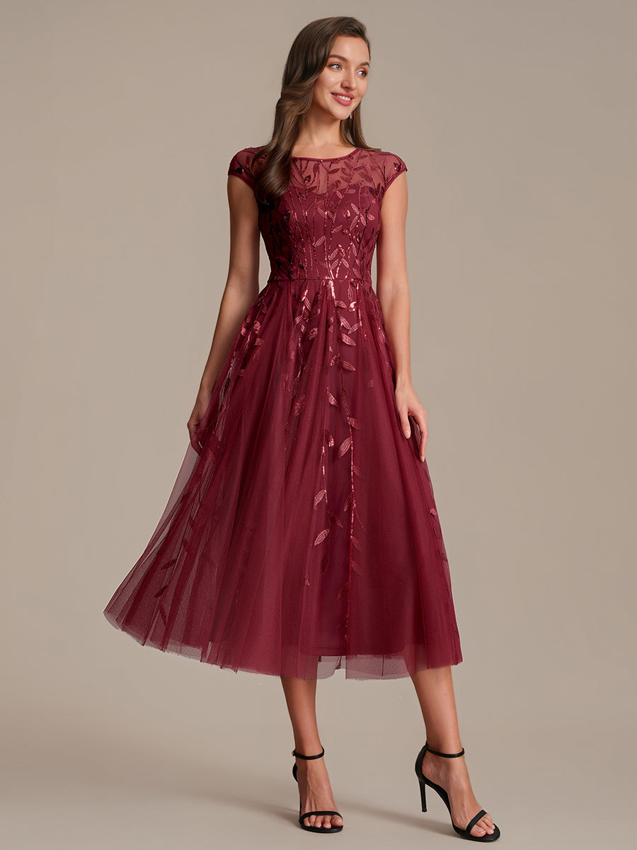 Robe midi évasée à manches courtes en patchwork transparent #Couleur_Bordeaux