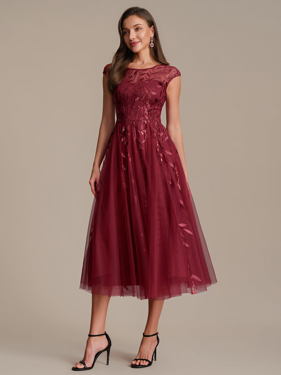 Robe midi évasée à manches courtes en patchwork transparent #Couleur_Bordeaux