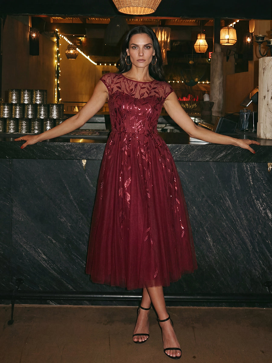 Robe midi évasée à manches courtes en patchwork transparent #Couleur_Bordeaux