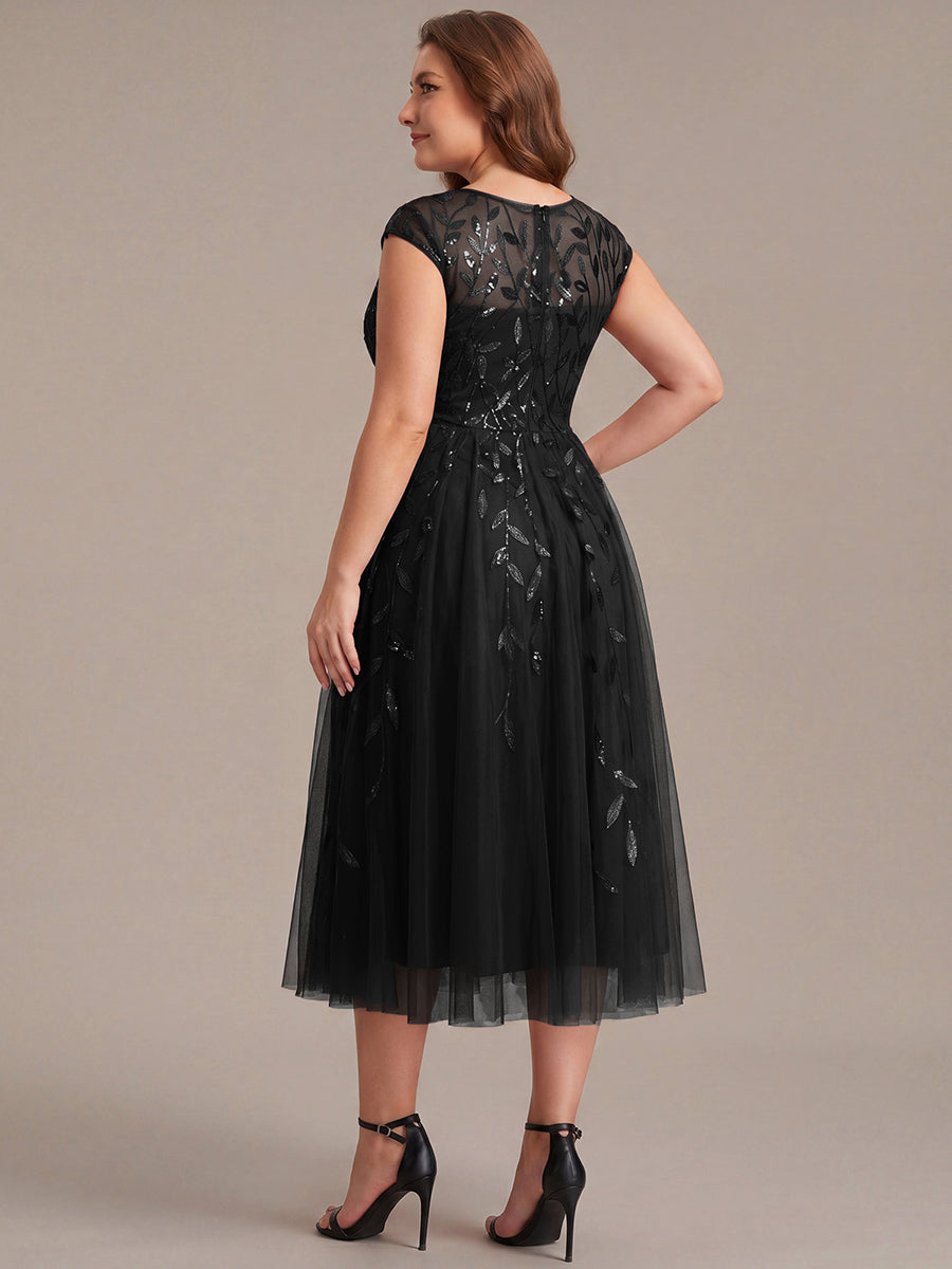 Robe midi évasée à manches courtes en patchwork transparent #Couleur_Noir