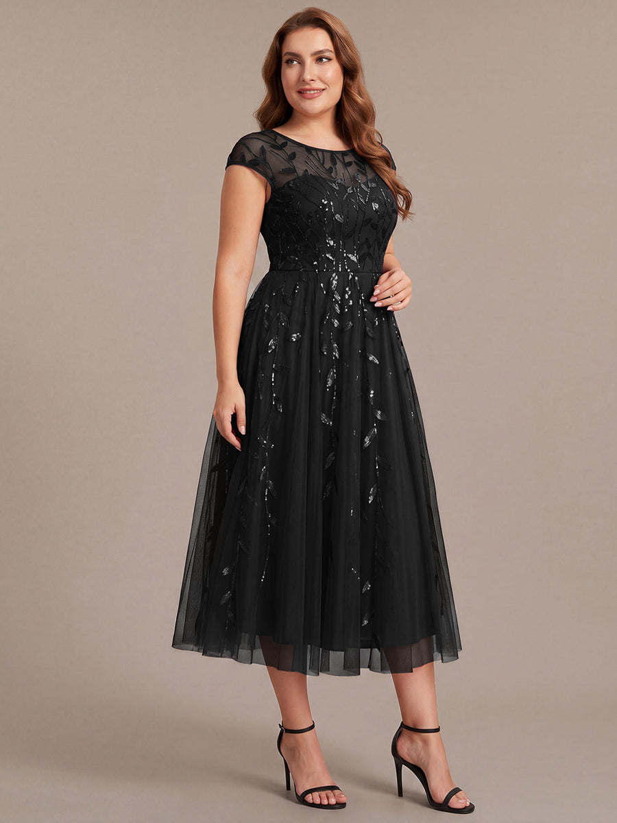 Robe midi évasée à manches courtes en patchwork transparent #Couleur_Noir