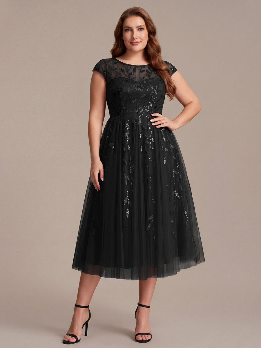 Robe midi évasée à manches courtes en patchwork transparent #Couleur_Noir