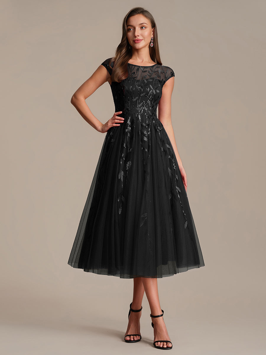 Robe midi évasée à manches courtes en patchwork transparent #Couleur_Noir