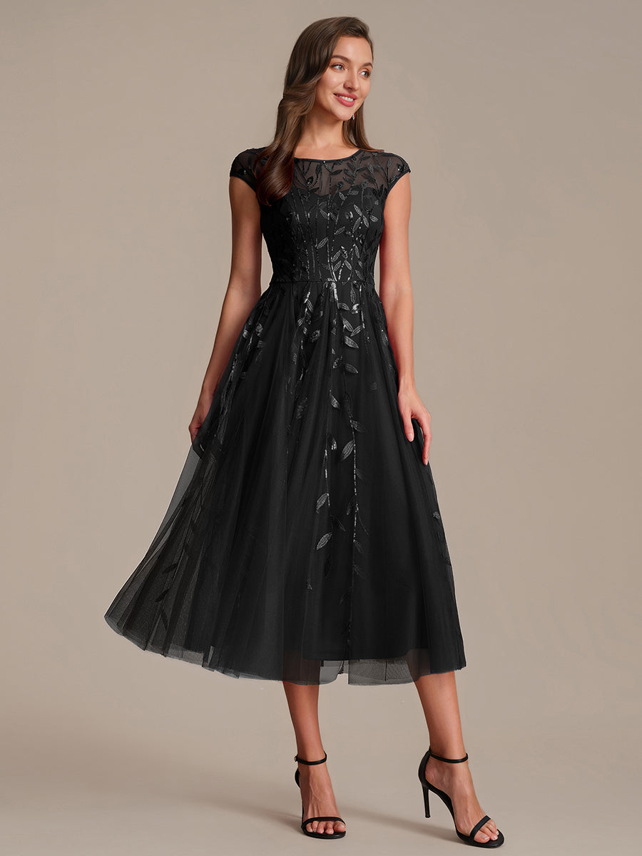 Robe midi évasée à manches courtes en patchwork transparent #Couleur_Noir