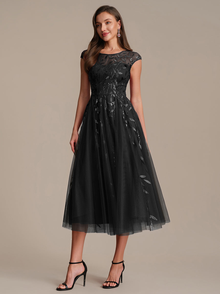 Robe midi évasée à manches courtes en patchwork transparent #Couleur_Noir