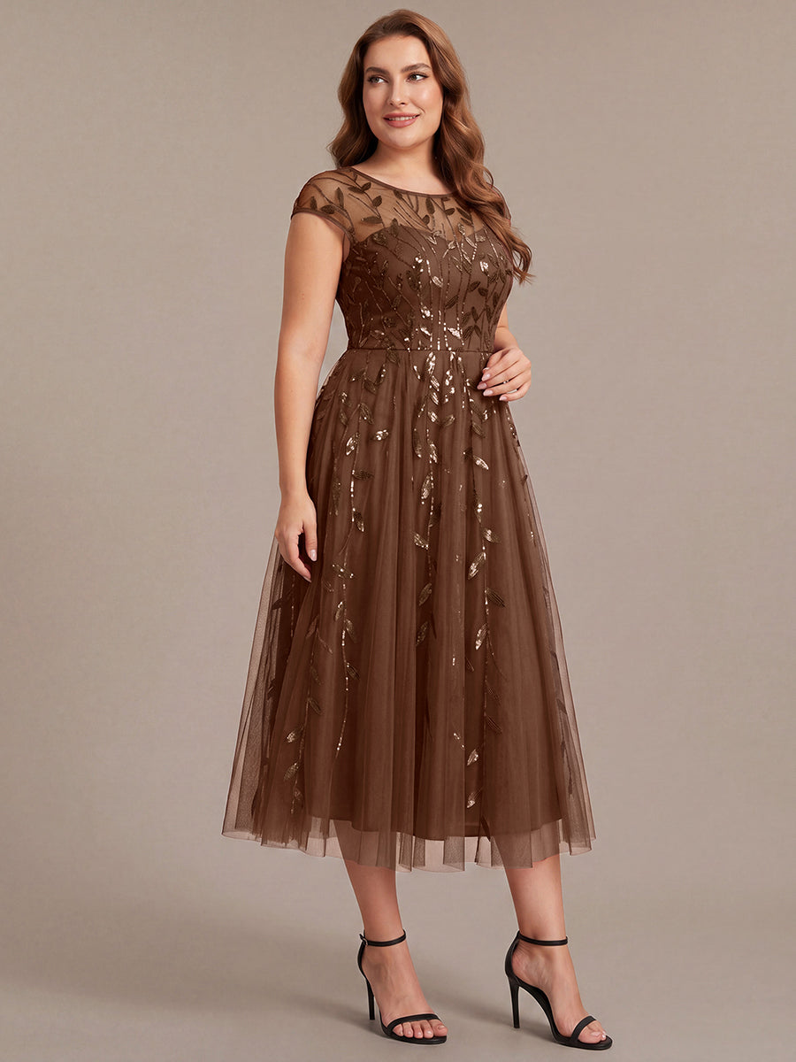 Robe midi évasée à manches courtes en patchwork transparent #Couleur_Brun