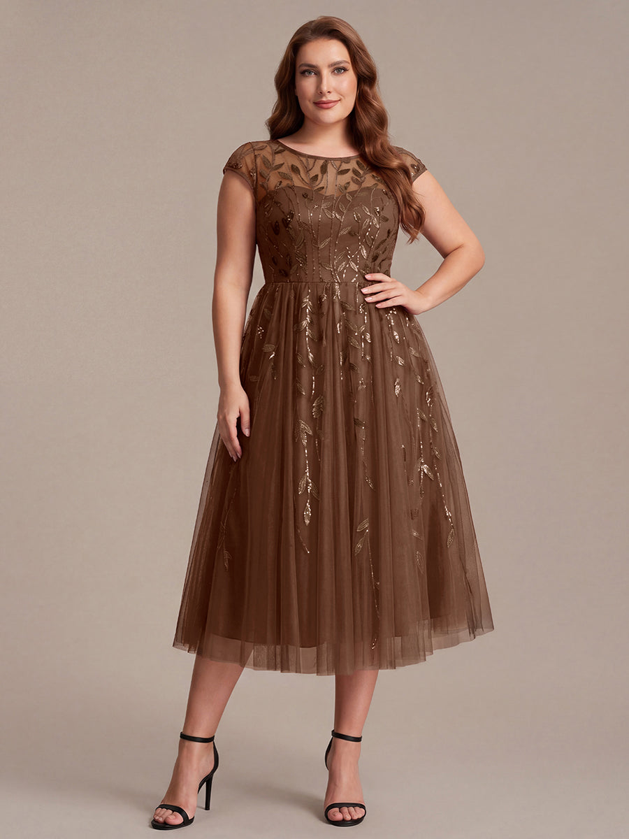Robe midi évasée à manches courtes en patchwork transparent #Couleur_Braun