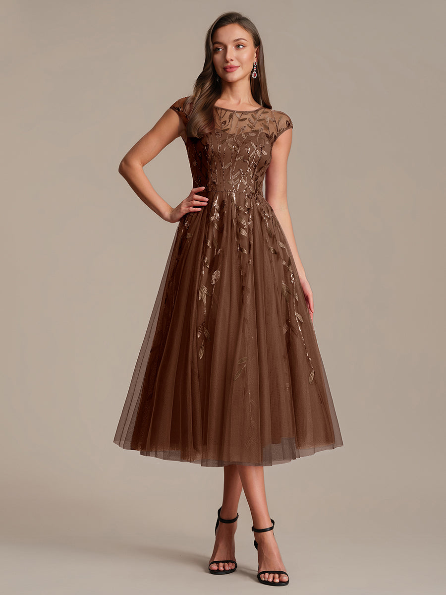 Robe midi évasée à manches courtes en patchwork transparent #Couleur_Braun