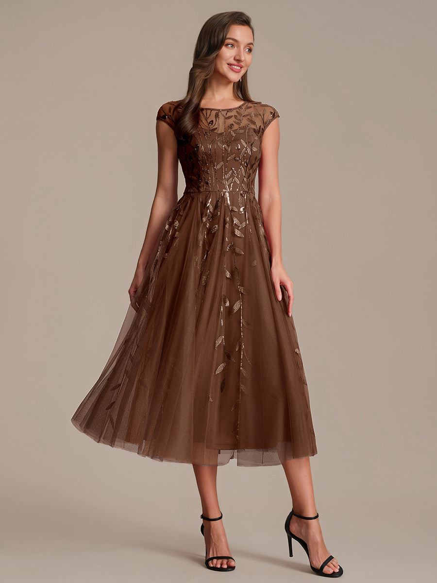 Robe midi évasée à manches courtes en patchwork transparent #Couleur_Braun