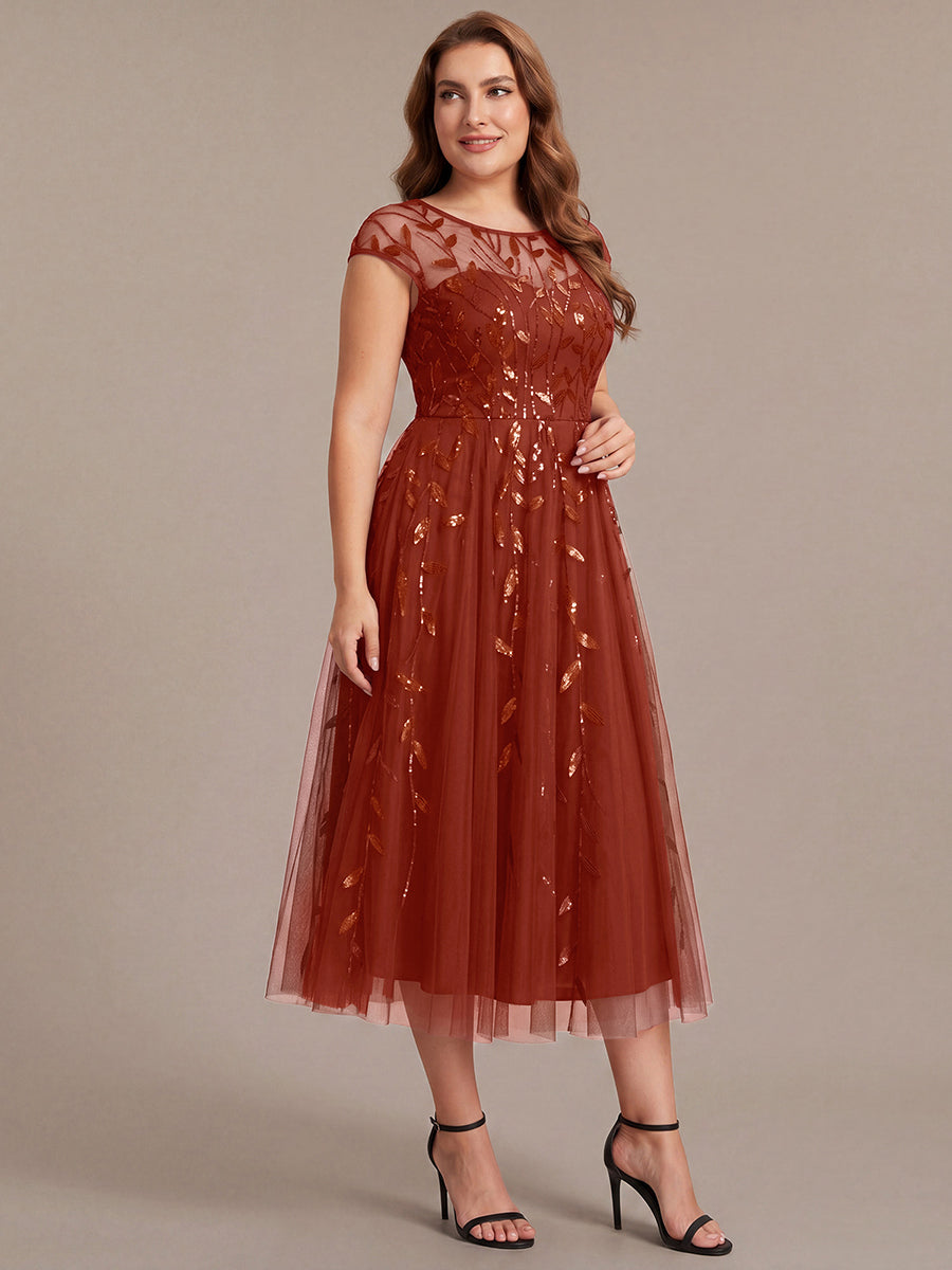 Robe midi évasée à manches courtes en patchwork transparent #Couleur_Burnt Orange