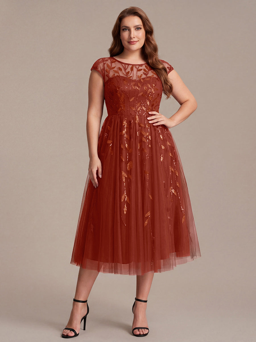 Robe midi évasée à manches courtes en patchwork transparent #Couleur_Burnt Orange