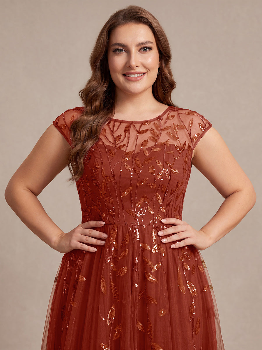 Robe midi évasée à manches courtes en patchwork transparent #Couleur_Burnt Orange