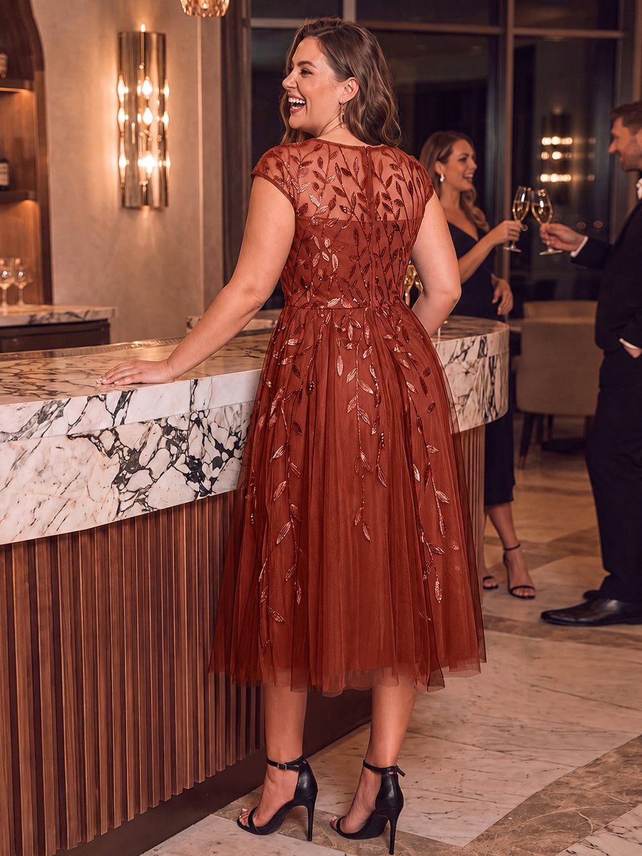 Robe midi évasée à manches courtes en patchwork transparent #Couleur_Burnt Orange