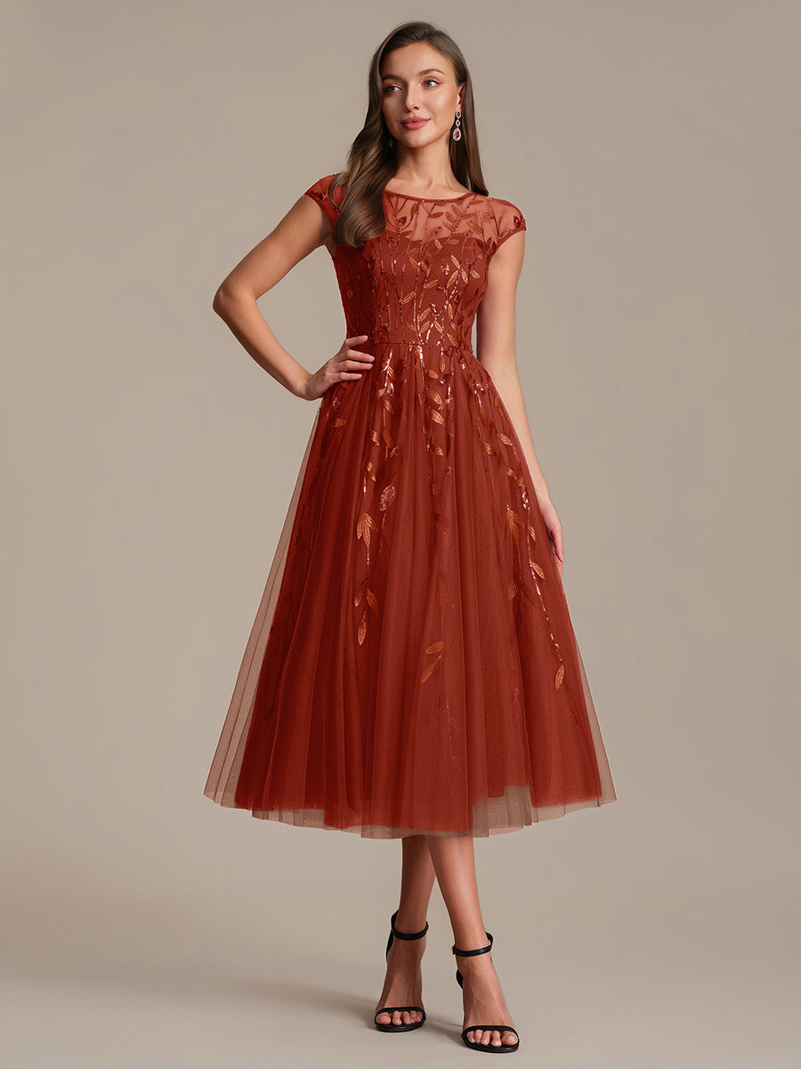 Robe midi évasée à manches courtes en patchwork transparent #Couleur_Burnt Orange