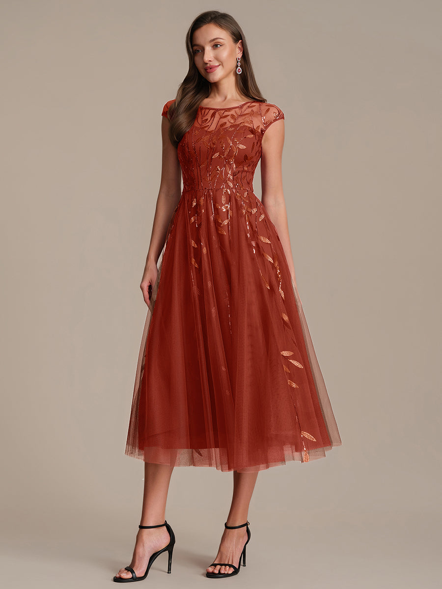Robe midi évasée à manches courtes en patchwork transparent #Couleur_Burnt Orange