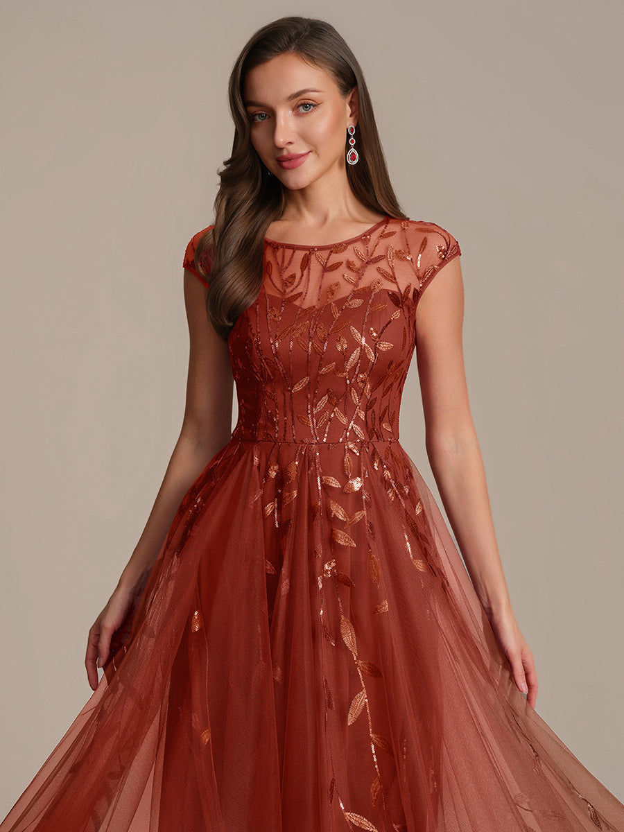 Robe midi évasée à manches courtes en patchwork transparent #Couleur_Burnt Orange