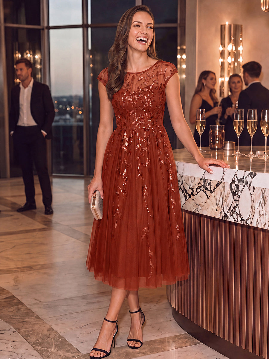 Robe midi évasée à manches courtes en patchwork transparent #Couleur_Burnt Orange