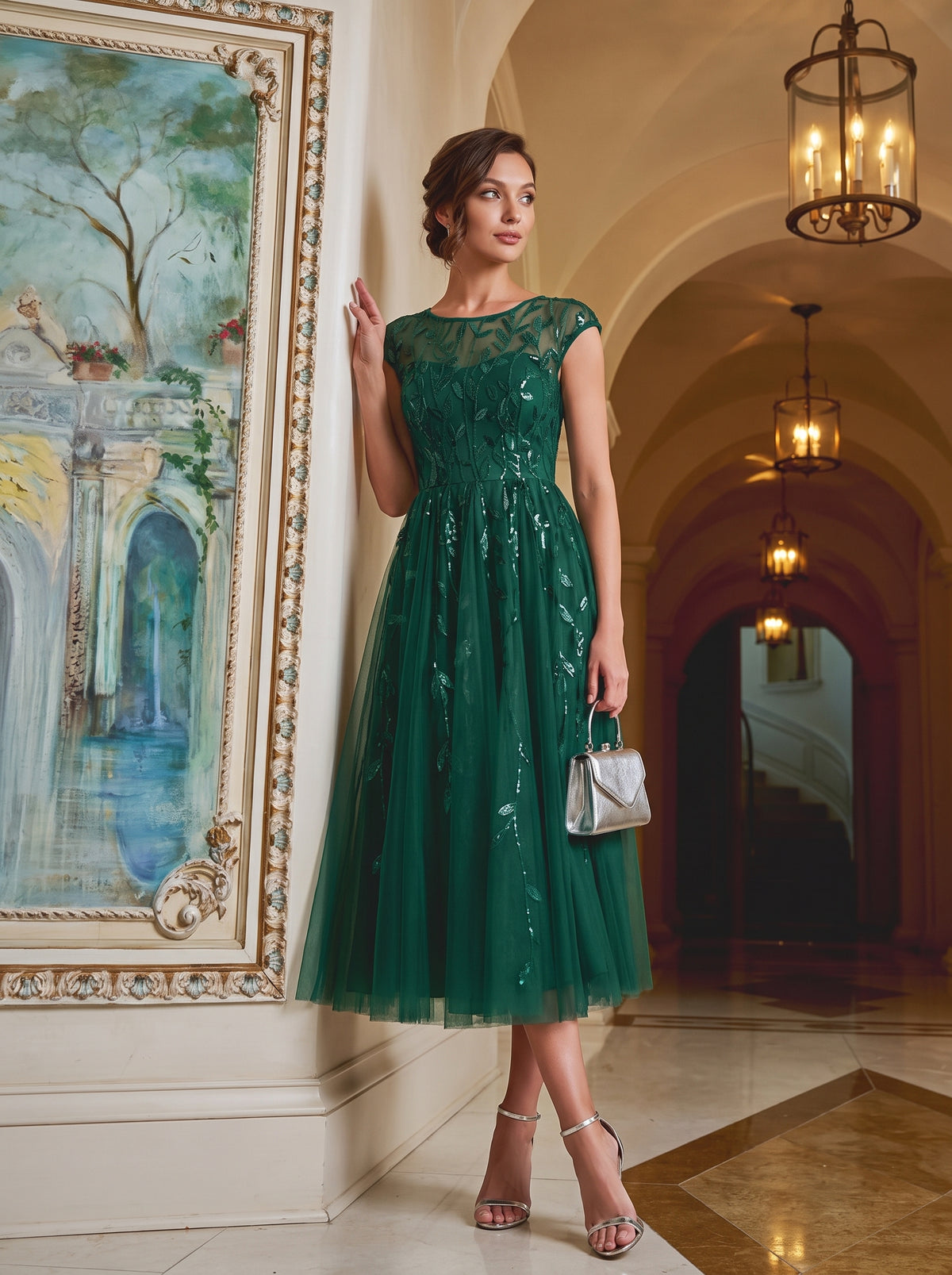 Robe midi évasée à manches courtes en patchwork transparent #Couleur_Vert Fonce