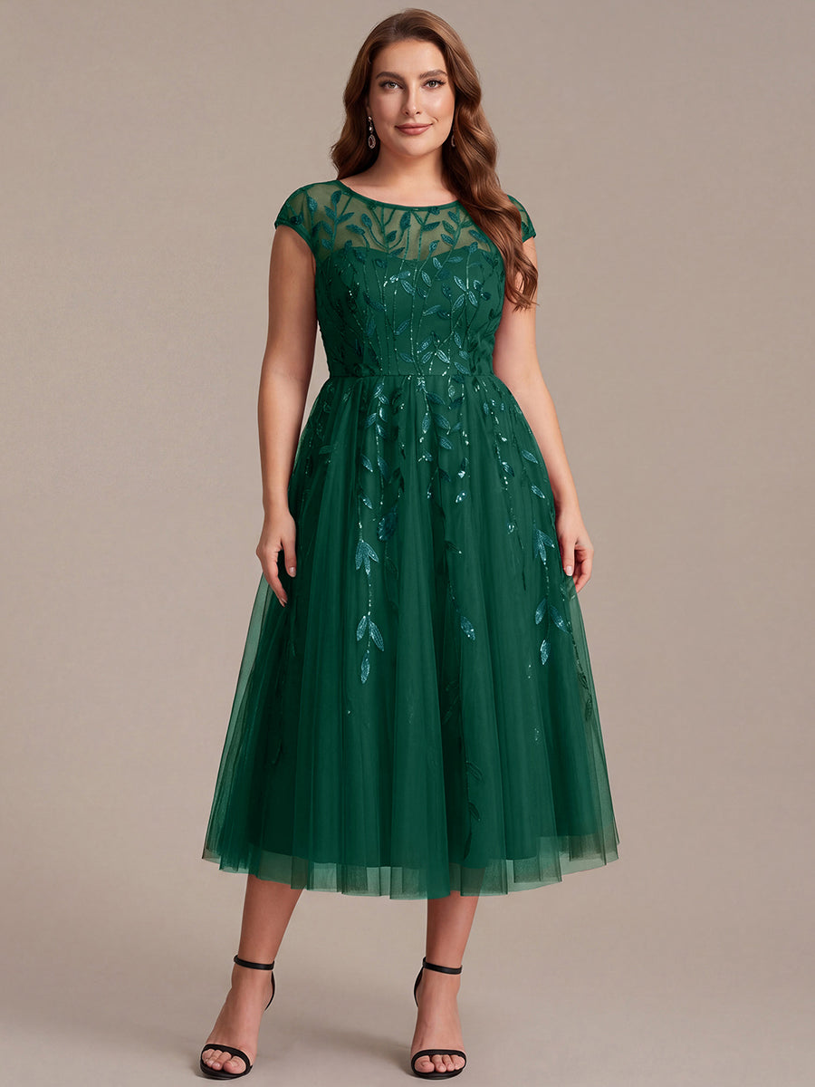 Robe midi évasée à manches courtes en patchwork transparent #Couleur_Vert Fonce