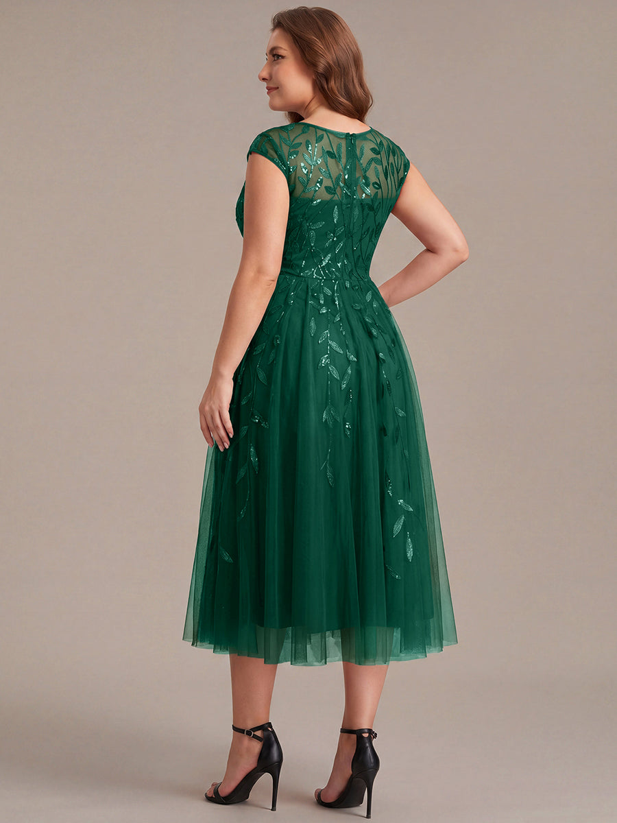 Robe midi évasée à manches courtes en patchwork transparent #Couleur_Vert Fonce