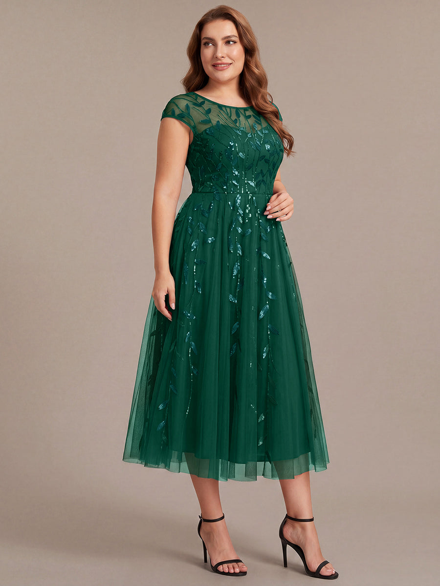Robe midi évasée à manches courtes en patchwork transparent #Couleur_Vert Fonce