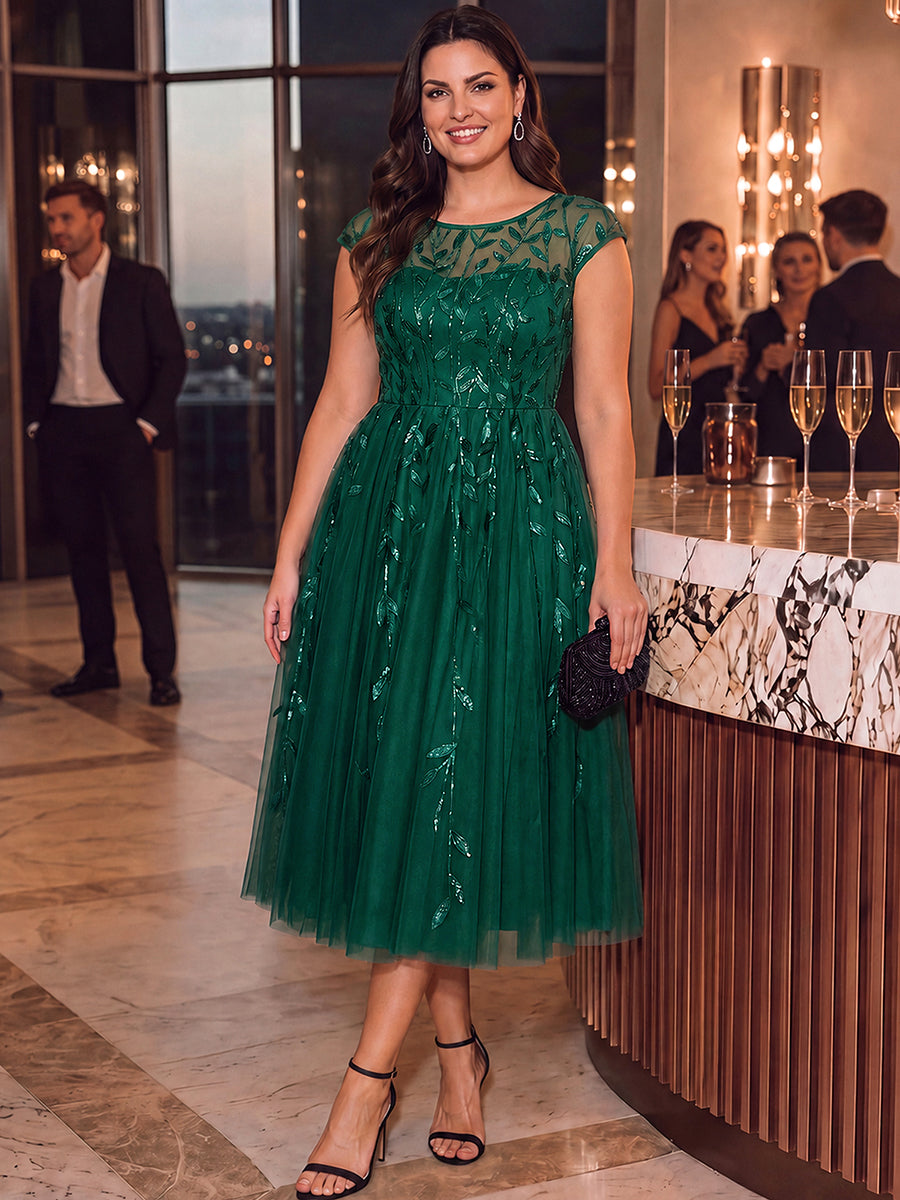 Robe midi évasée à manches courtes en patchwork transparent #Couleur_Vert Fonce