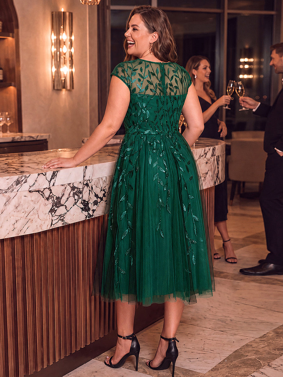 Robe midi évasée à manches courtes en patchwork transparent #Couleur_Vert Fonce