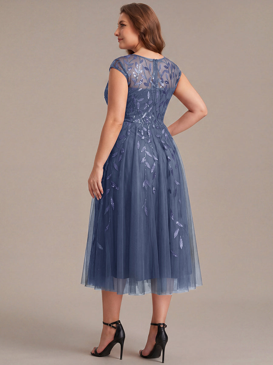 Robe midi évasée à manches courtes en patchwork transparent #Couleur_Marine Fume