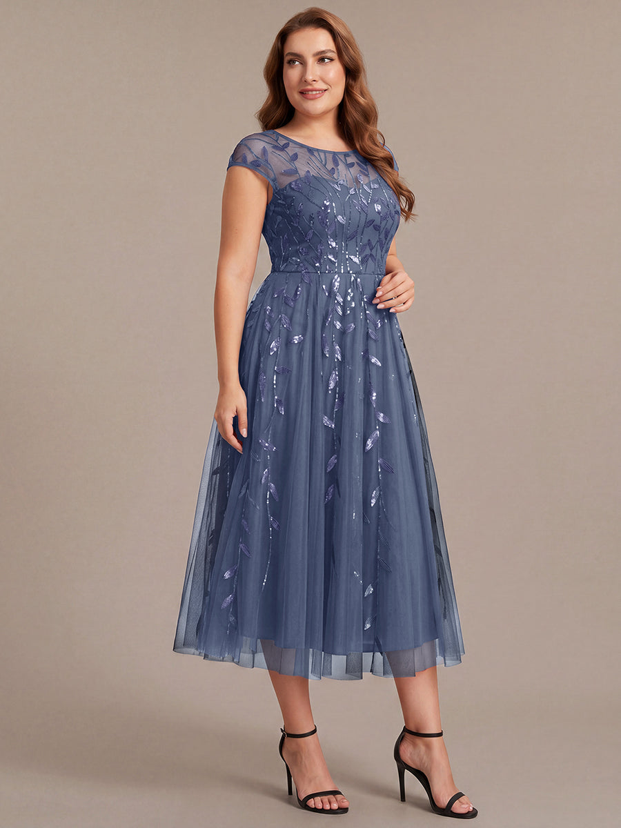 Robe midi évasée à manches courtes en patchwork transparent #Couleur_Marine Fume