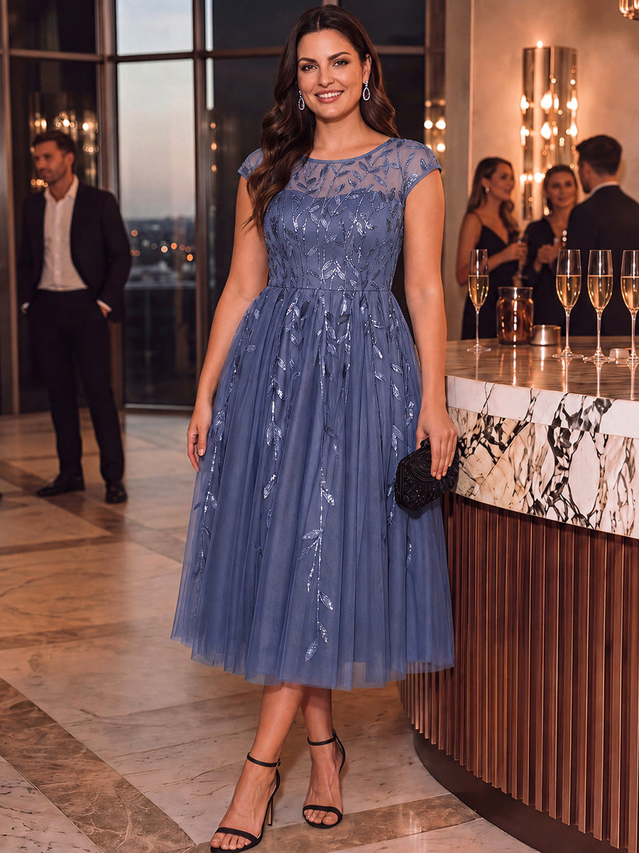 Robe midi évasée à manches courtes en patchwork transparent #Couleur_Marine Fume