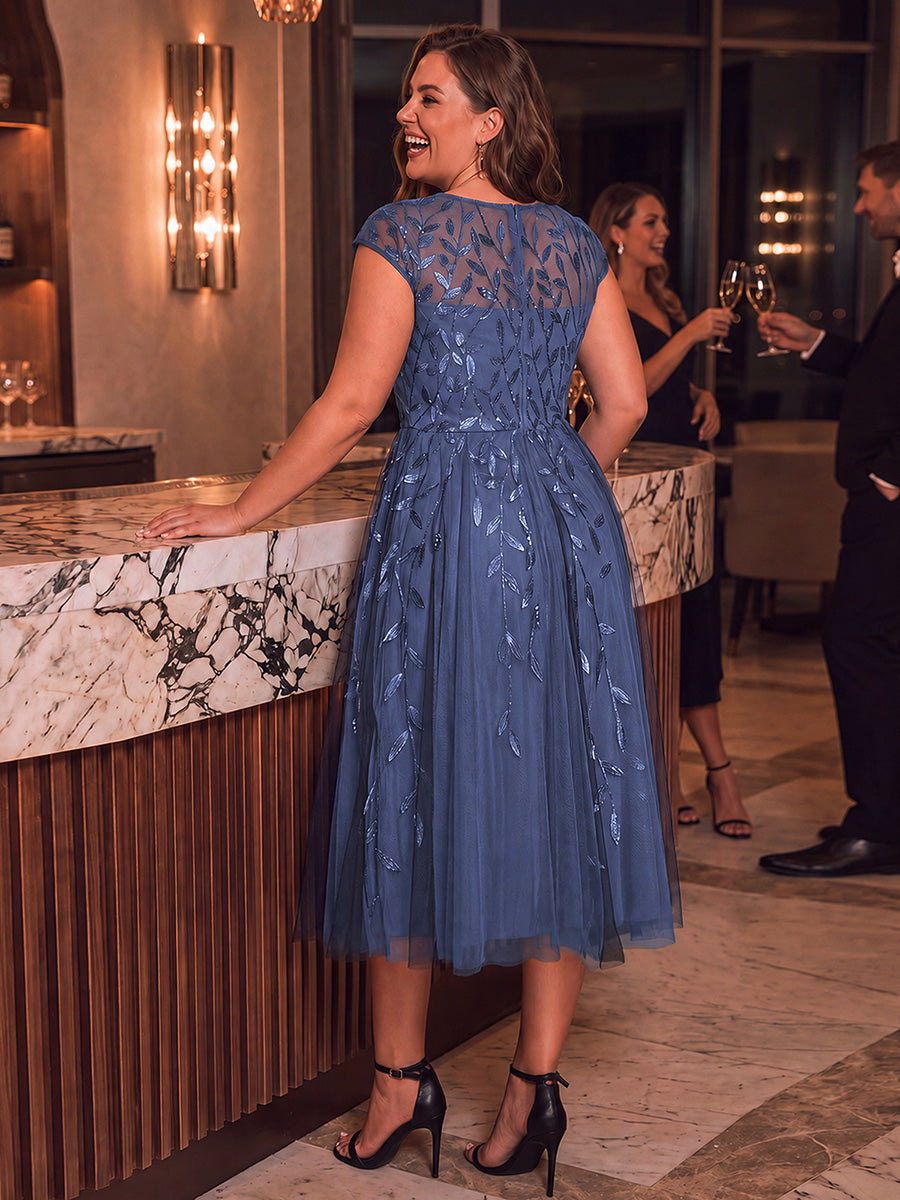 Robe midi évasée à manches courtes en patchwork transparent #Couleur_Marine Fume