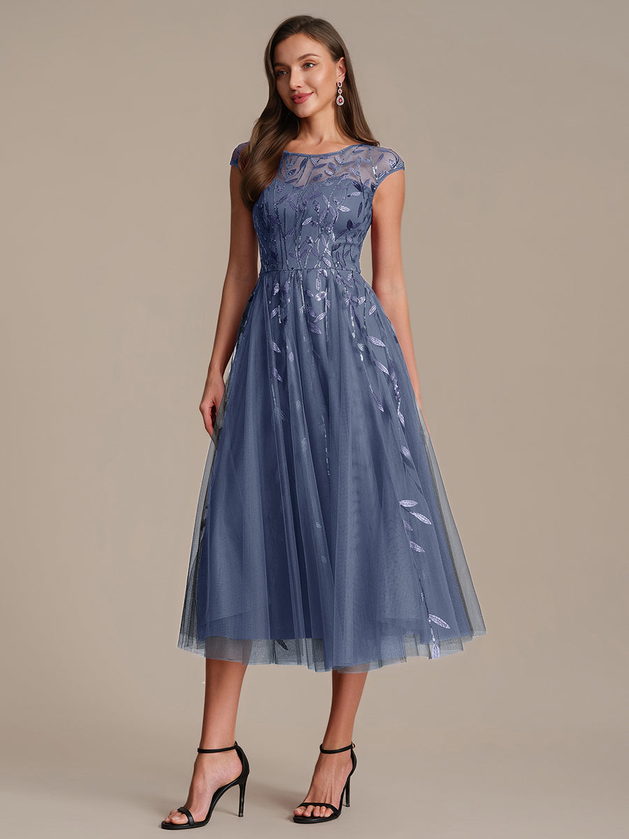Robe midi évasée à manches courtes en patchwork transparent #Couleur_Marine Fume