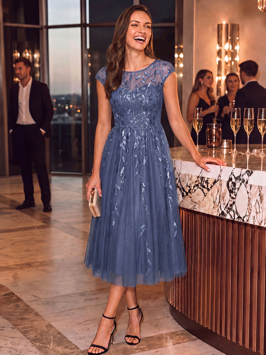 Robe midi évasée à manches courtes en patchwork transparent #Couleur_Marine Fume