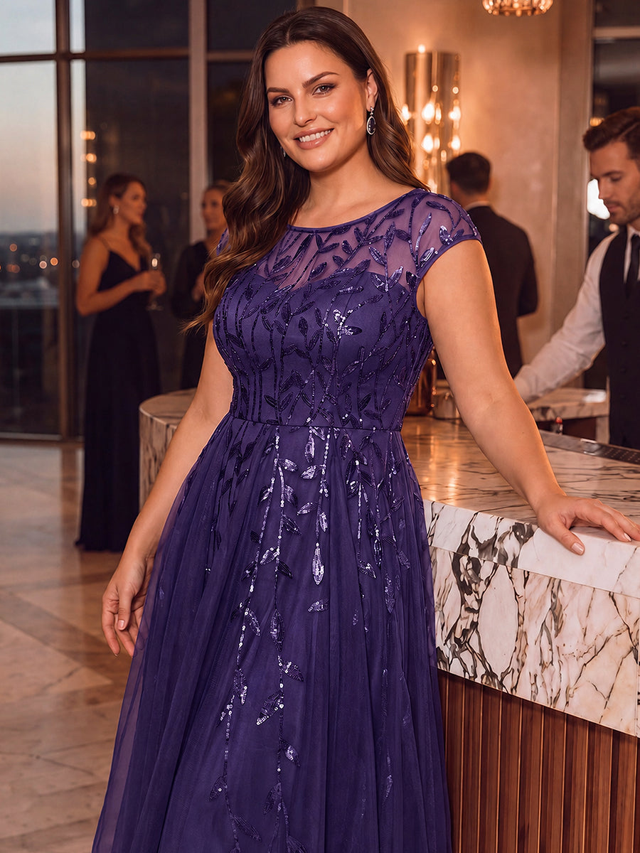 Robe midi évasée à manches courtes en patchwork transparent #Couleur_Violet Fonce